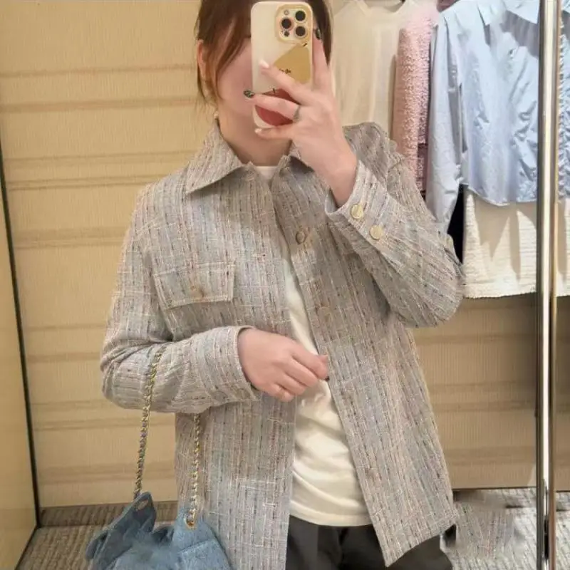 2026 Early Autumn High-Street Sense Lazy Style Casual Grey-purple Blue Tilted Loose Shirt Jacket Cardigan Women
