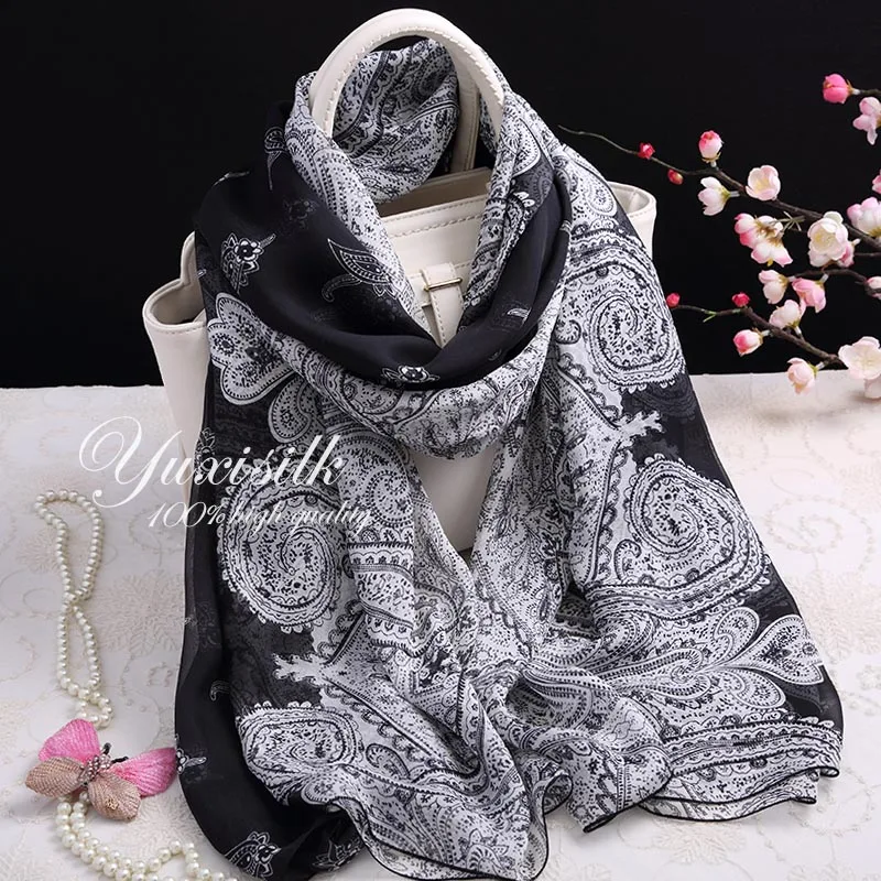 

Black and White Cashew Nut Summer Silk Long Scarf Shawl Women's Spring Autumn Winter