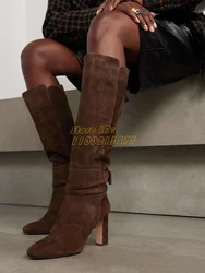 Bow Tie Suede Knee Boots Wrap-around Straps Almond Toes Block Heel Slip On Ankle Straps Fashion 2024 Winter Women Dress Shoes