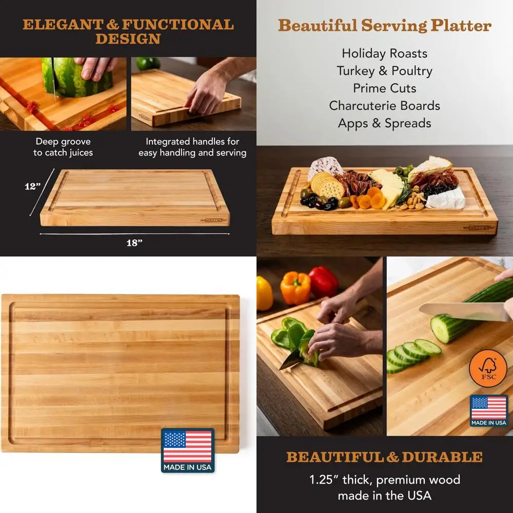 

Большая разделочная доска из кленовой твердой древесины с глубокой канавкой для сока и удобной ручкой для переноски, 18x12x1,25 дюйма