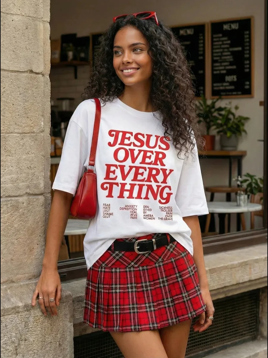 Jesus Over Every Thing Print T Shirt Woman Summer O-Neck Breathable T-Shirts Casual Cotton Clothes Y2K All-Match Hip Hop Top