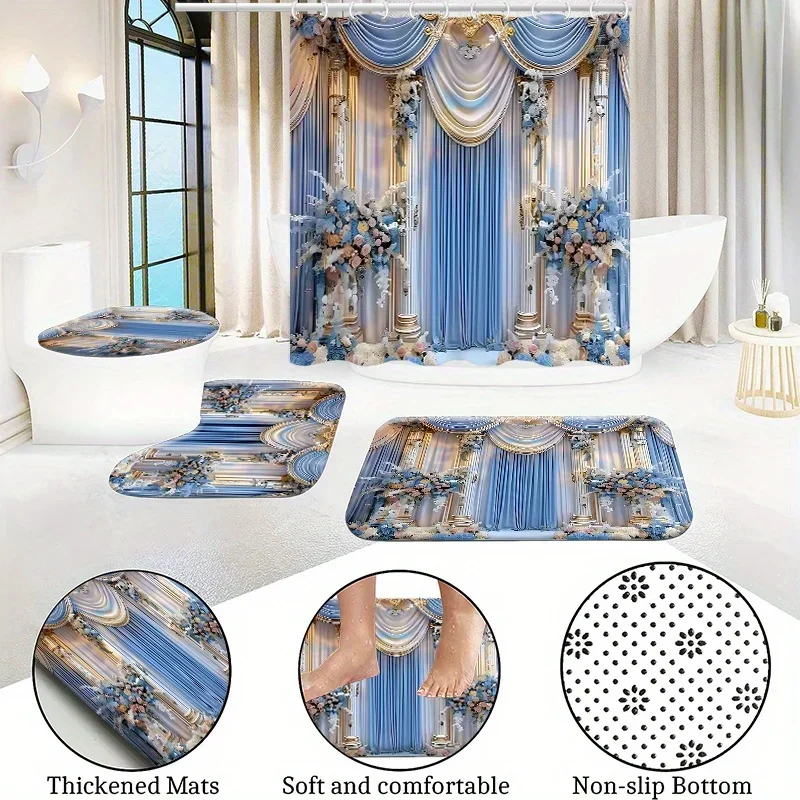 4PCs home decor waterproof shower curtain sets with 12 hooks toilet seat cover bathroom mat non-slip rug carpet polyester fa