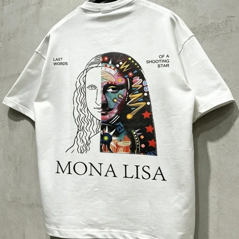 Men's short sleeved T-shirt retro art Mona Lisa print men's T-shirt Harajuku street style round neck short sleeved T-shirt multi