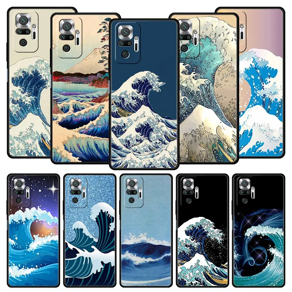 The Big Wave of kanagawa Phone Case For Xiaomi Redmi Note 12 11 10 9 8 7 9s 8T Pro K40 Gaming 8A 9A 9C 9T 4G 5G Cover Black