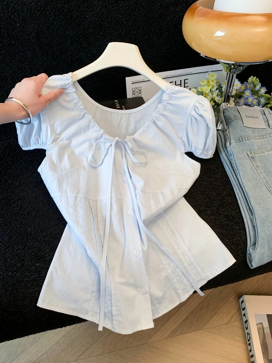 

Elegant Knot Short Sleeve Shirt Women's Summer 2026 New Ageless Waist-Cinching Slimming Top Girl's Fashion Straight...