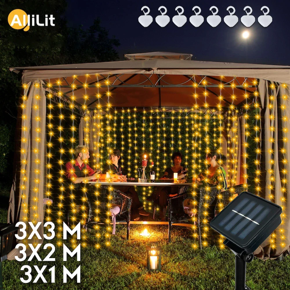 AlliLit LED Solar Curtain Fairy Lights Outdoor Waterproof Copper Wire Party Garden Yard Waterfall Garland Christmas Decoration