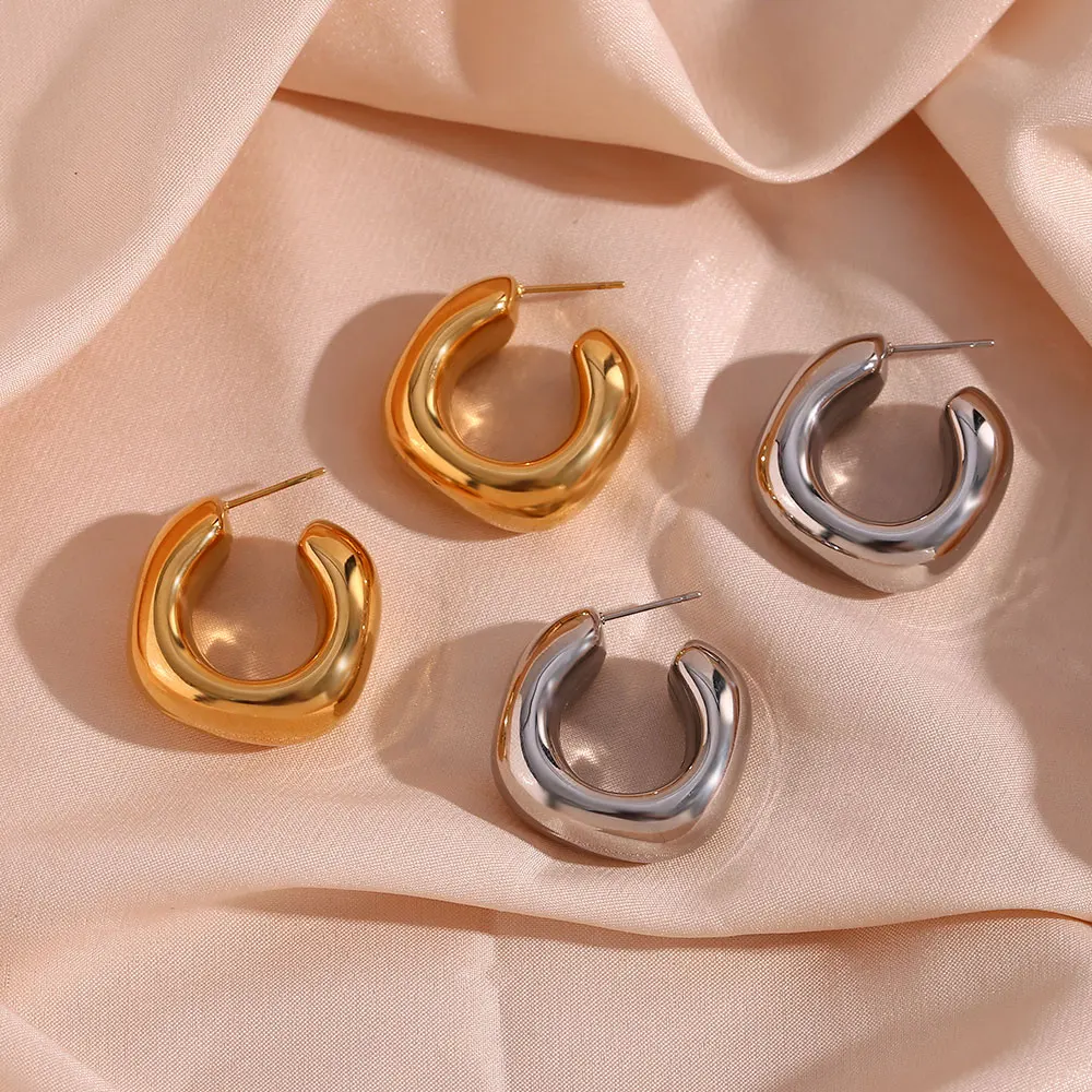 

E.B.belle Round Square Geometric Bold Stainless Steel Hoop Earrings For Woman 18K Gold Plated Silver Color Hollow Chunky Hoops