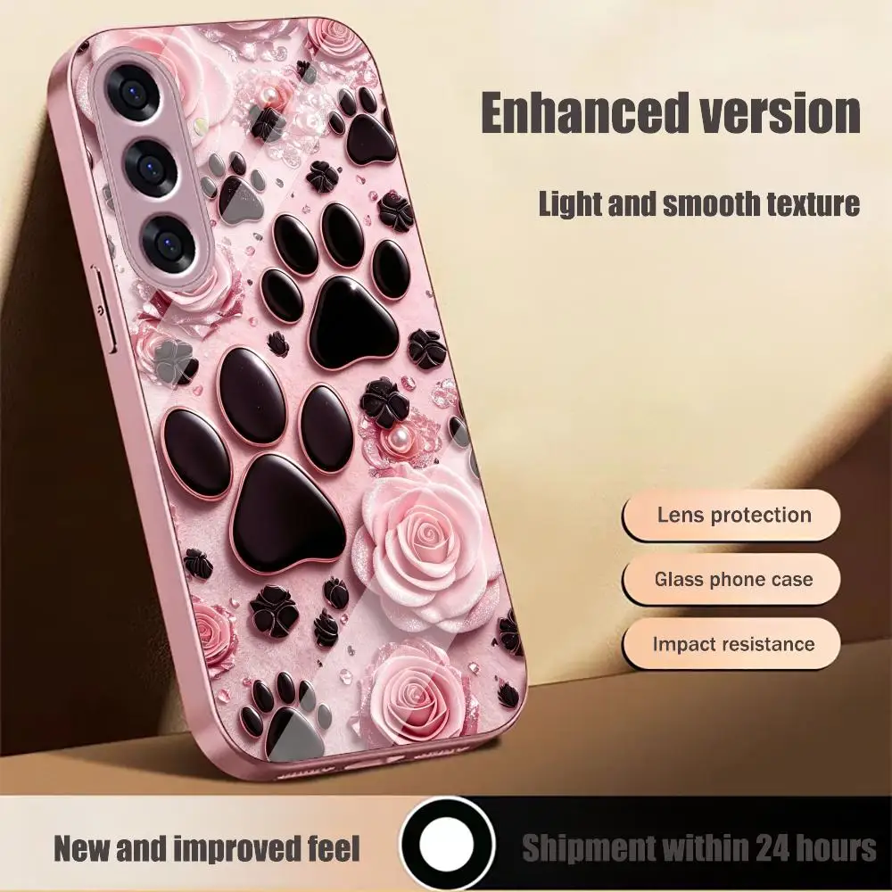 Paw Print Pink Rose Multi-color variants glass phone case for Samsung Galaxy S26 S25 S24 S23 S22 FE,Ultra,Plus Dropresistant