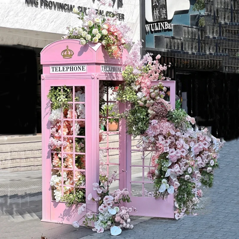 custom.Pink Telephone Booth Wedding Decoration Bar Decor Shopping Mall Retro White Phone Booth with Artificial Flowers