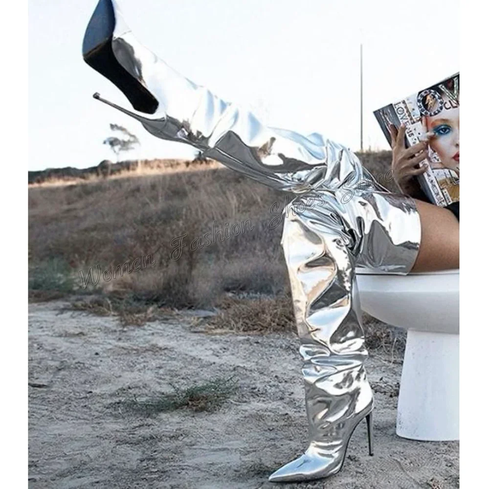 

Silver Pleated Pointed Toe Boots Stilettos High Heels Over the Knee High Heel Shoes for Women Heels 2025 New Zapatos Para Mujere