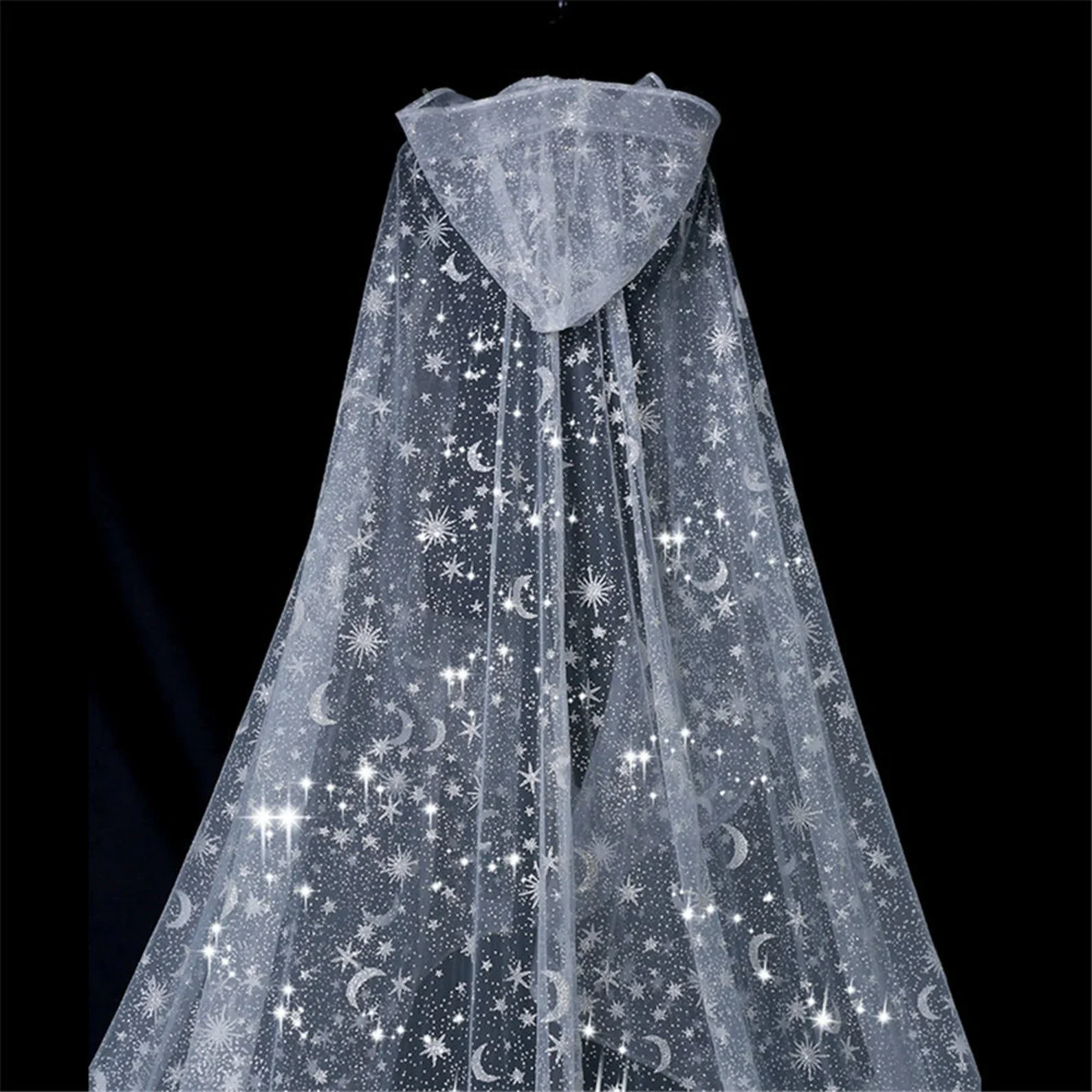 Stars Moon Hooded Wedding Veil 2023 Lily Collins Cathedral Long Bridal Cape Glitter Celestial Motifs Bling Bling Chapel Wrap Y2K