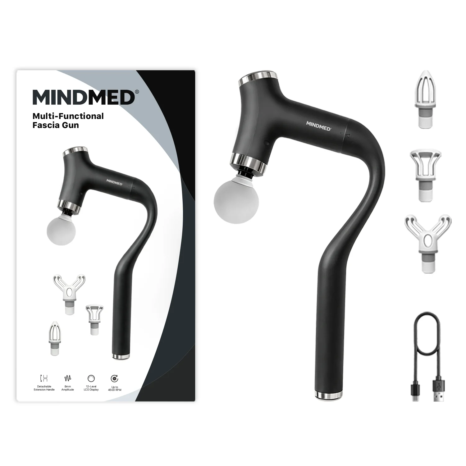 MINDMED Long Handle Detachable Massage Gun Deep Tissue Muscle Gun for Back Neck Shoulder Body Recovery with 12 Speed & 4 Heads view 6