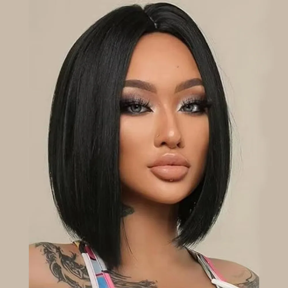 BOBO-Synthetic Short Straight Wig for Women, Natural Black, Heat Resistant Hair, Daily Bob Wigs