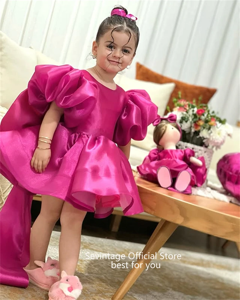 Sevintage Cute Hot Pink Baby Flower Dresses Bow Puff Sleeves Birthday Gifts Wedding Dresses For Kids ropa de niña Customized