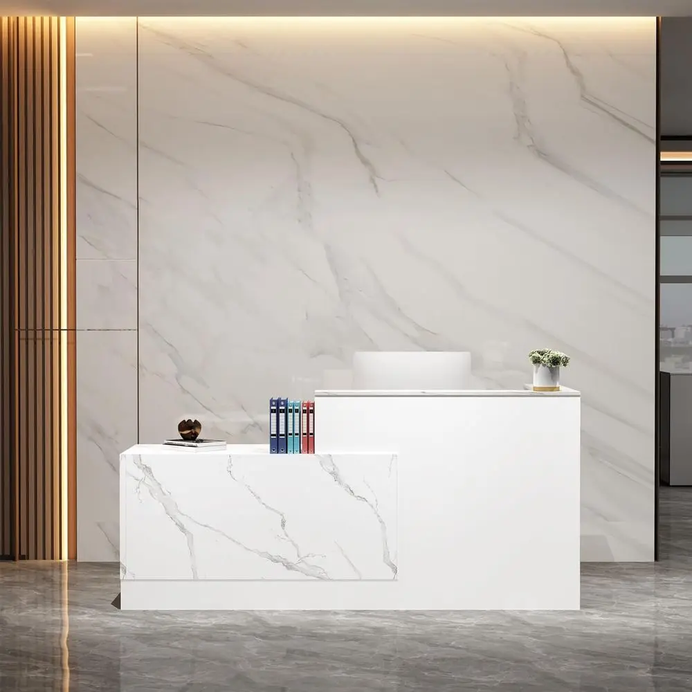 

L-образная стойка ресепшн с запирающимися ящиками, регулируемым файловым шкафом и выдвижной полкой для клавиатуры (правая, мраморный белый/белый)