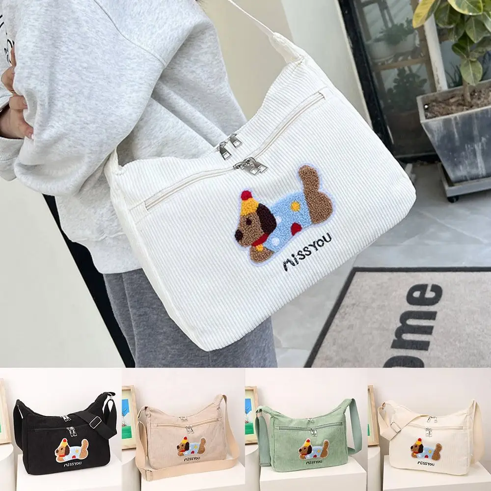 

New Fashion Casual Shoulder Bag Corduroy Fabric Dachshund Embroidery Crossbody Bag Large Capacity Women Handbag