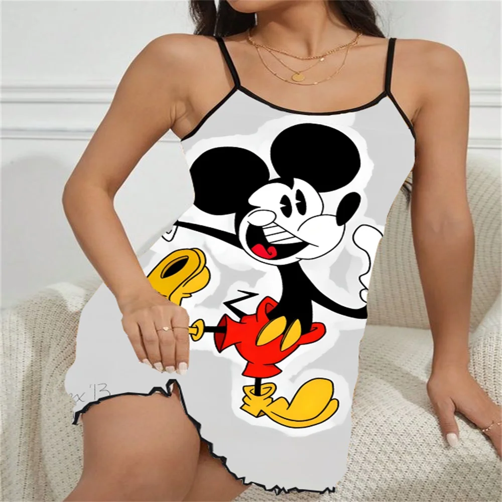 Summer Sleevesless Women's Nightwear Sexy Trim Fitting Female Sleeping Dress Mickey Pattern Print Suspender Sleepwear for Women