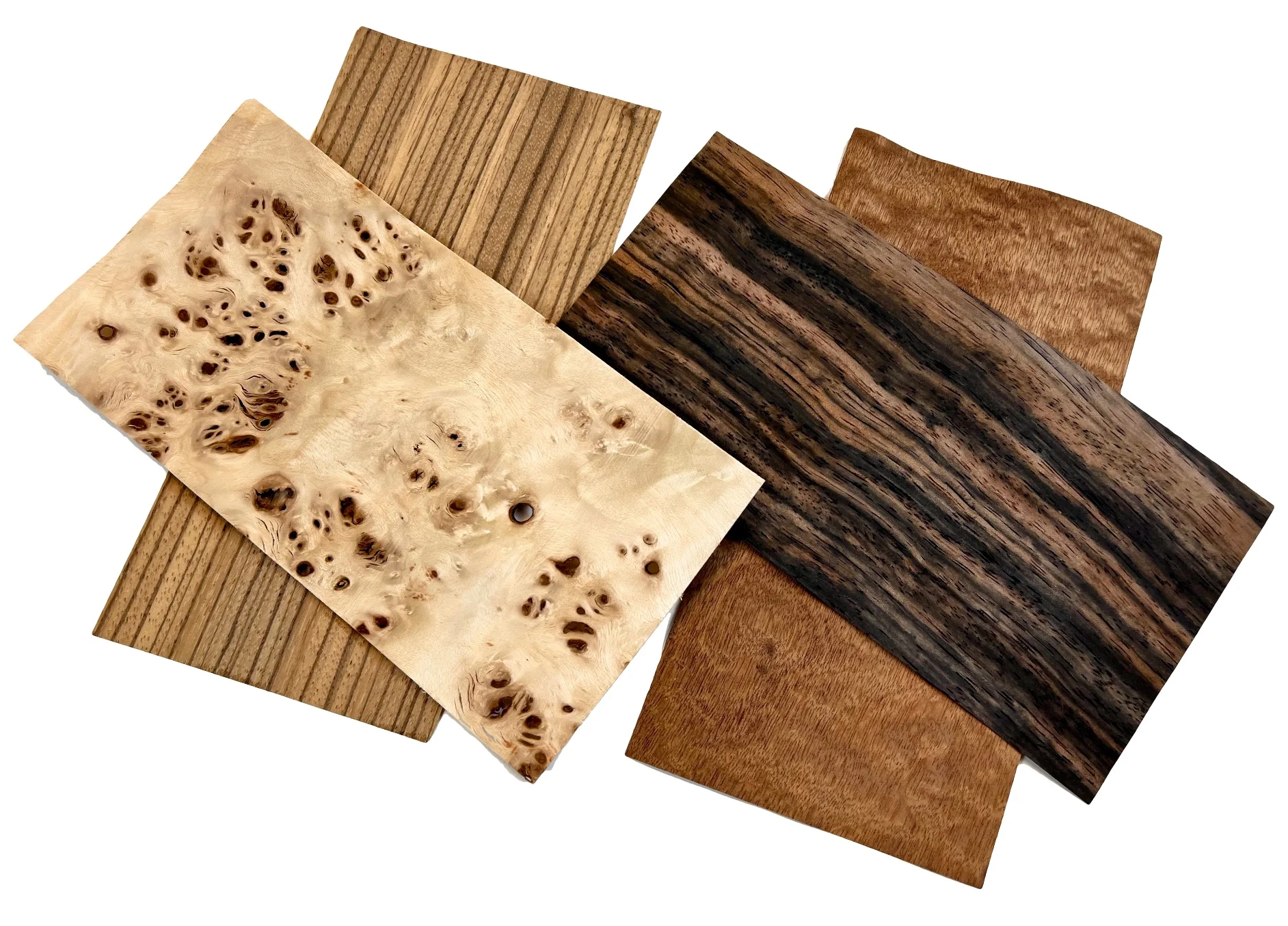 4pieces 20x10cm T:0.4-0.5mm Mixed  Mapa Burl Zebra Exotic Wood Veneers Marquetry Inlay Veneer Art Material Sheets