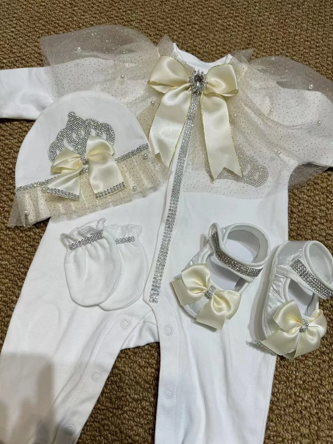 Beige Baptism Baby Girl 0-6m Coming Home Hospital Outfit Cape shawl Pearly Sparkle Bling Wedding Sequines organza 4pcs Layette