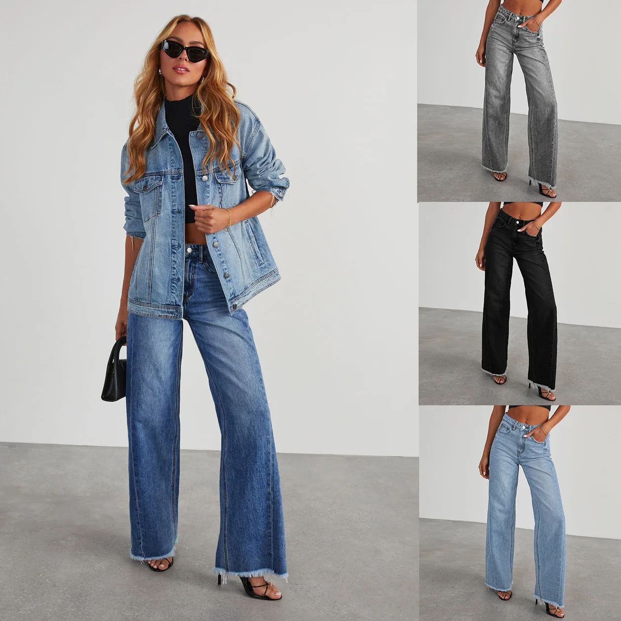 

Spring Summer New Women's Clothing Solid Color Loose Wide Leg Side Seam Stitching Frayed Hem Jeans