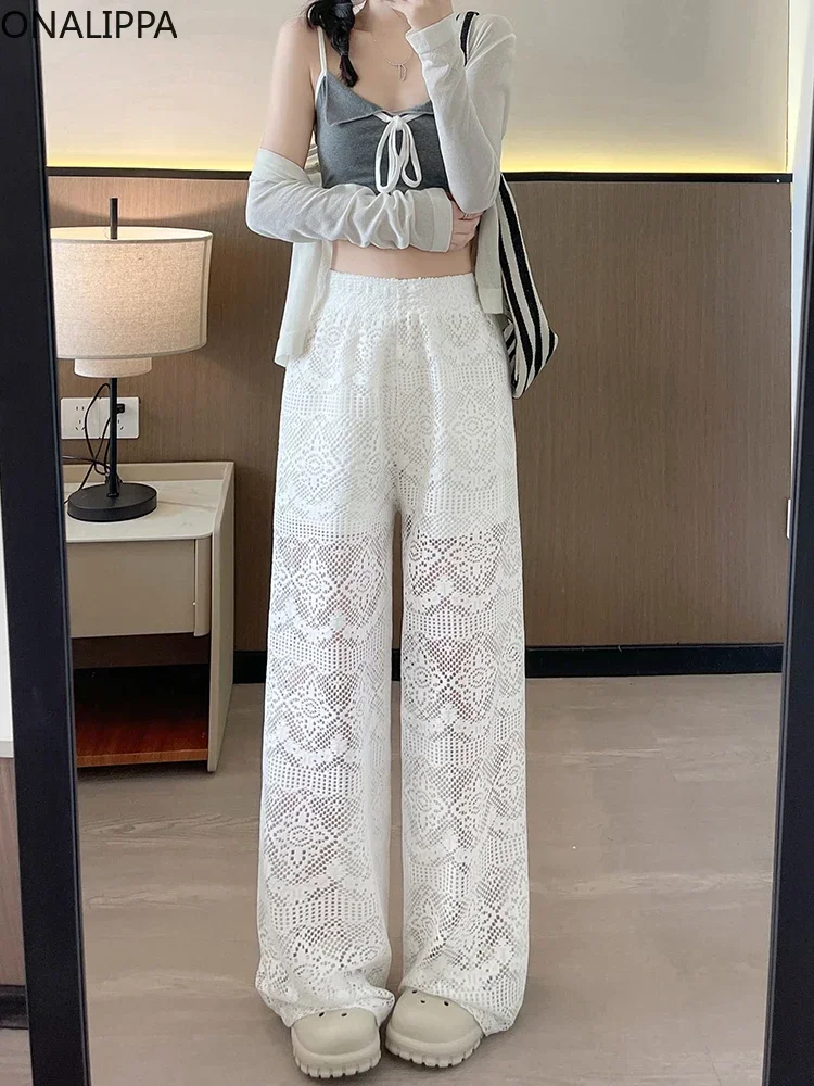 Onalippa Hook Flower Lace Y2k Pants Elastic High Waist Wide Legs Full Length Sweatpants Korean Solid Color White Women Clothes