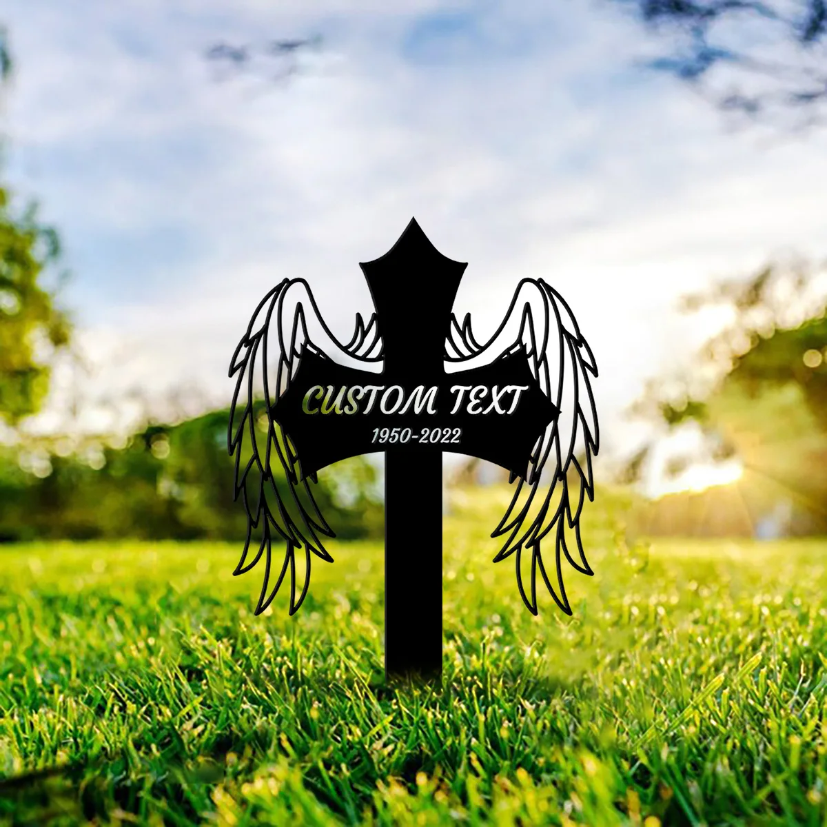 

Custom Memorial Cross Stake Personalized,Metal Cross with Angel Wings for Ourdoor, Metal Grave Stake,Cemetery Stake