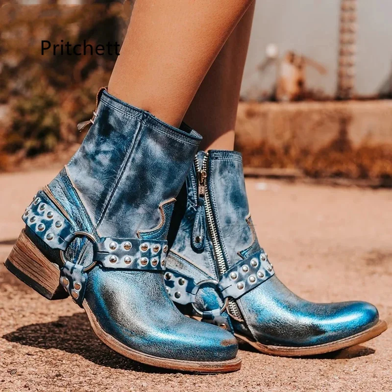 Women\'s Blue Genuine Leather Ankle Boots Rivet Buckle Strap Splicing Cowboy Boots Autumn Fashion Thick Heel Zipper Male Shoes