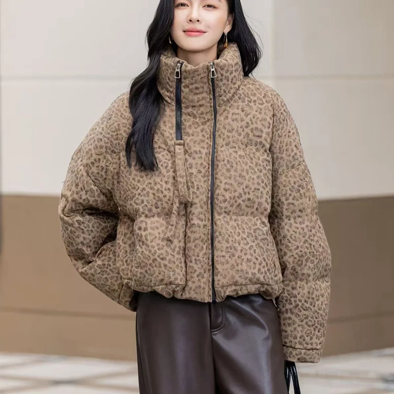 Leopard Print 90% Down Feathered Women's Jacket Winter Short Fashion Stand Collar Loose Warm Thicken Coats 2025 Lady Outwear