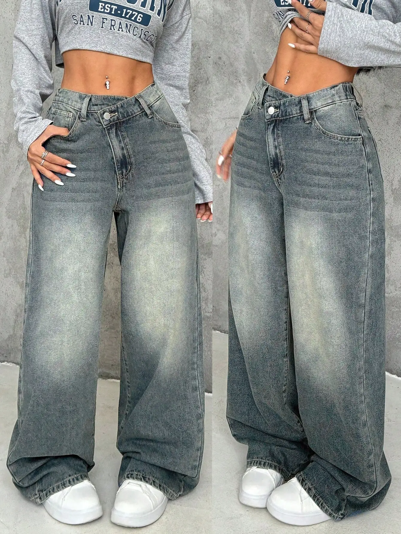 

Женские джинсы с широкими штанинами, наклонными карманами, высокой талией и эффектом потертости