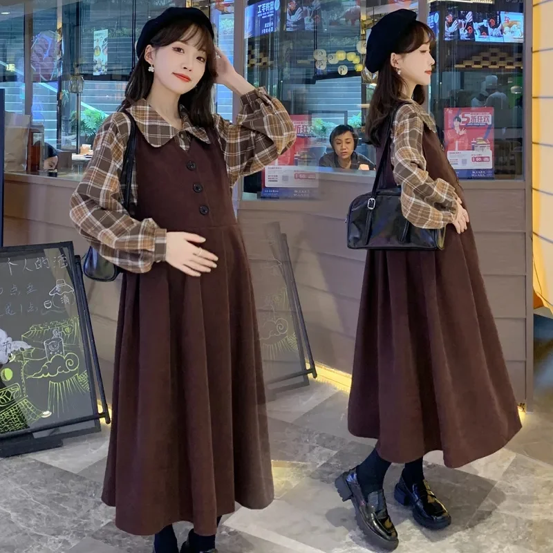 Fat Pregnant Women's Corduroy Dress 2023 Spring Autumn New Western-Style Plaid Shirt With Strap Skirt Fake Two-piece Set Autumn