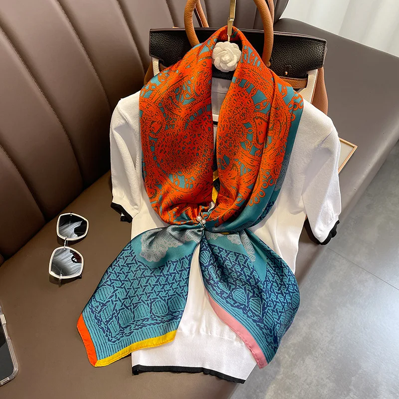 Chinese Style Classic Blue Orange Flower Silk Scarves Big Square Scarf Shawl Beach Towel Girl to Send Mom