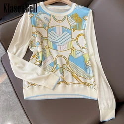 3.7 KlasonBell Temperament Classic Print 100% Silk Spliced O-Neck Wool Knitwear Women