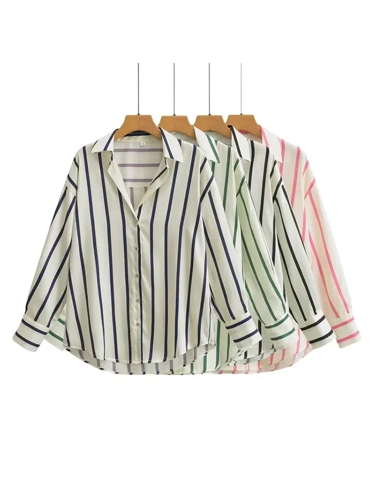 Foridol Stripes Shirt Women Autumn Spring Black Casual Loose Blouse Turn Down Collar Chic Vintage Oversize Female Blusa