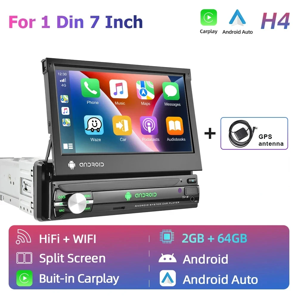 Podofo 7-Zoll-Autoradio mit ausziehbarem Bildschirm, Carplay, 1-DIN, Android, Multimedia-Videoplayer, GPS-Navigation, WLAN, Audio-Stereo, KI-Sprachsteuerung, FM, RDS