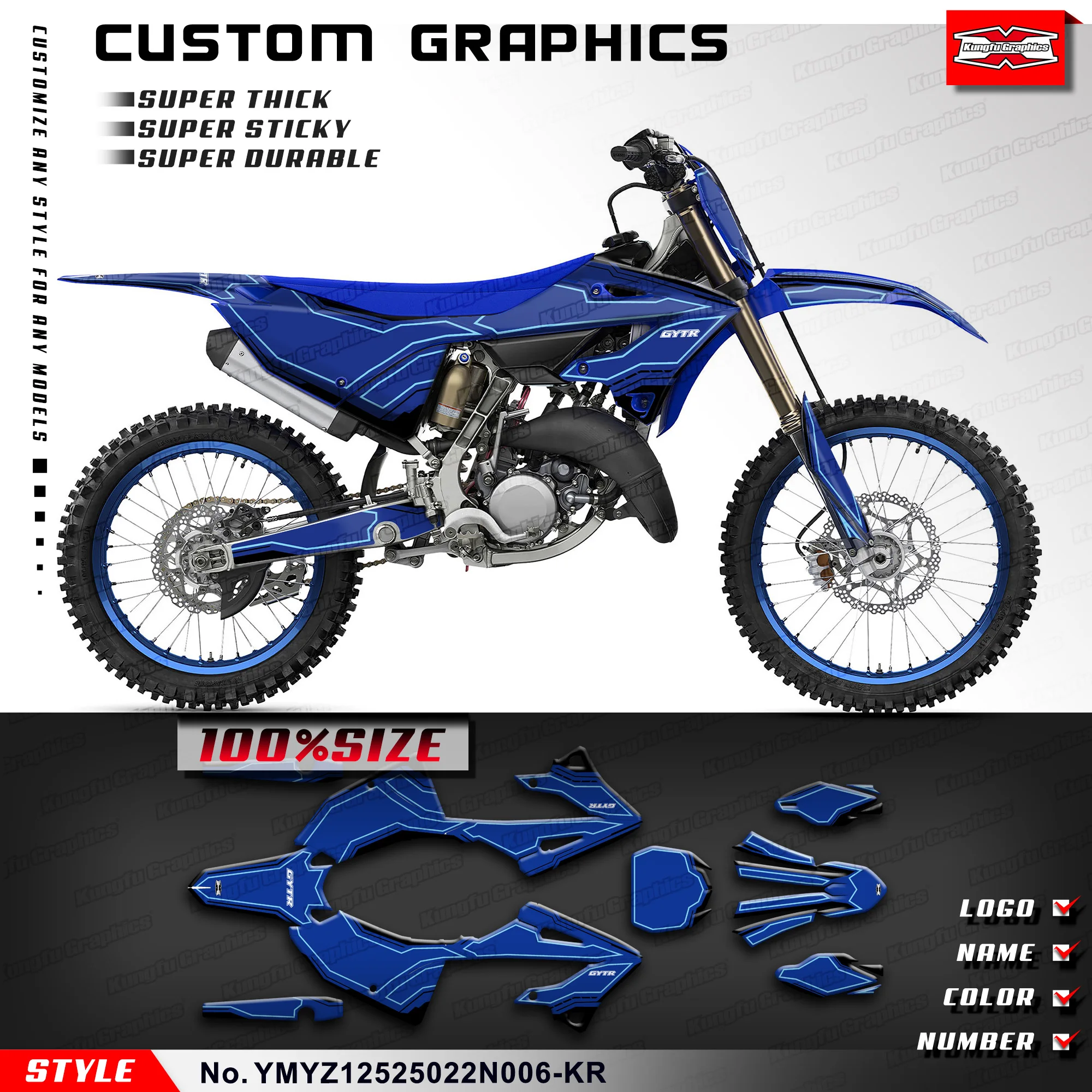 

KUNGFU GRAPHICS Personalised Sticker MX Decal Kit for Yamaha YZ125 YZ250 YZ 125 250 YZ125X YZ250X 2022 2023 2024, Blue