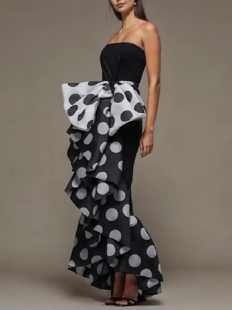 Uoozee 2024 New Summer Fashion Polka-Dot Ruffled Strapless Dress Elegant Bow Tied Party Evening Tube Maxi Dresses For Women