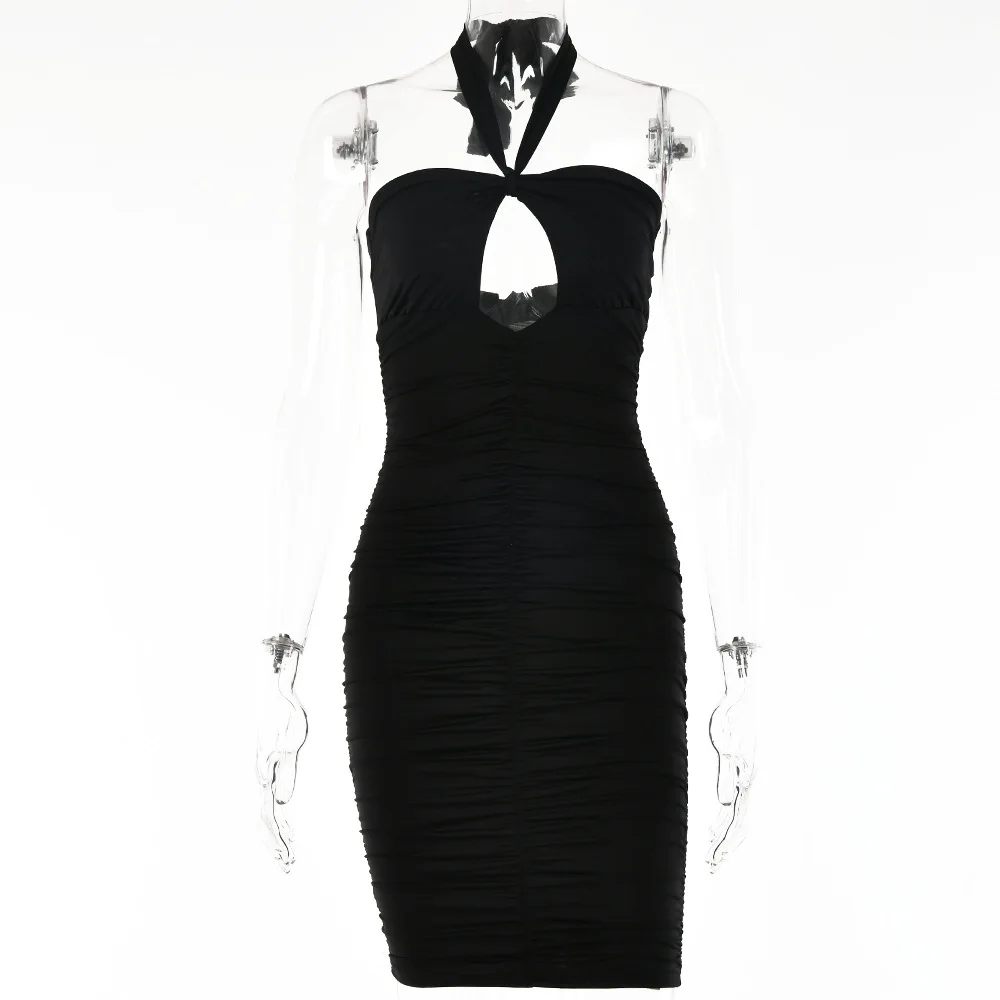 Women's Fashion 2023 Summer New Nightclub Sexy Backless Bodycon Hollow Out Halter Ruched Short Dress For Women