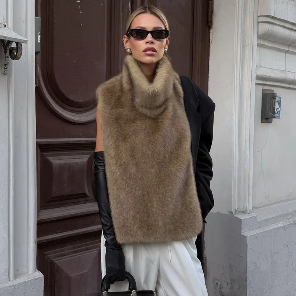 Talenza Solid Faux Fur Vests Crop Top Women Fashion Turtleneck