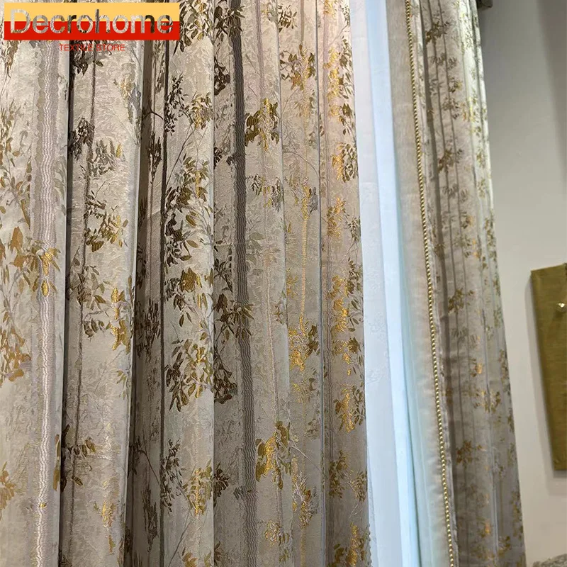 Chinese Gilding Jacquard Cream Thickened Blackout Curtains for Bedroom Living Room French Window Balcony Window Customized