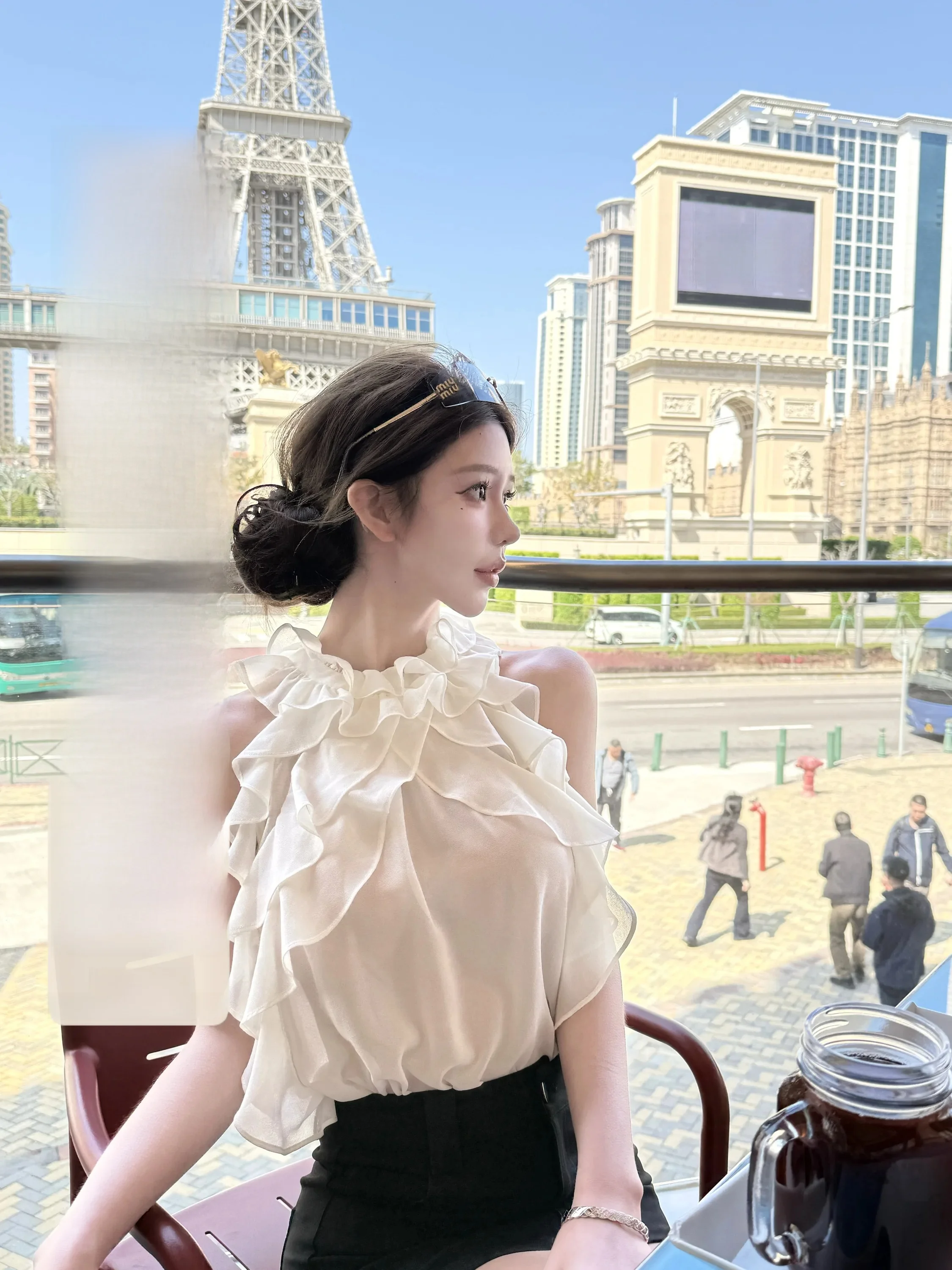 

Kubiliv Peninsula Pine Tea Multi-layered Lace Trim See-through Sleeveless Neckline Chiffon Top Pure Desire Shoulder Baring Top