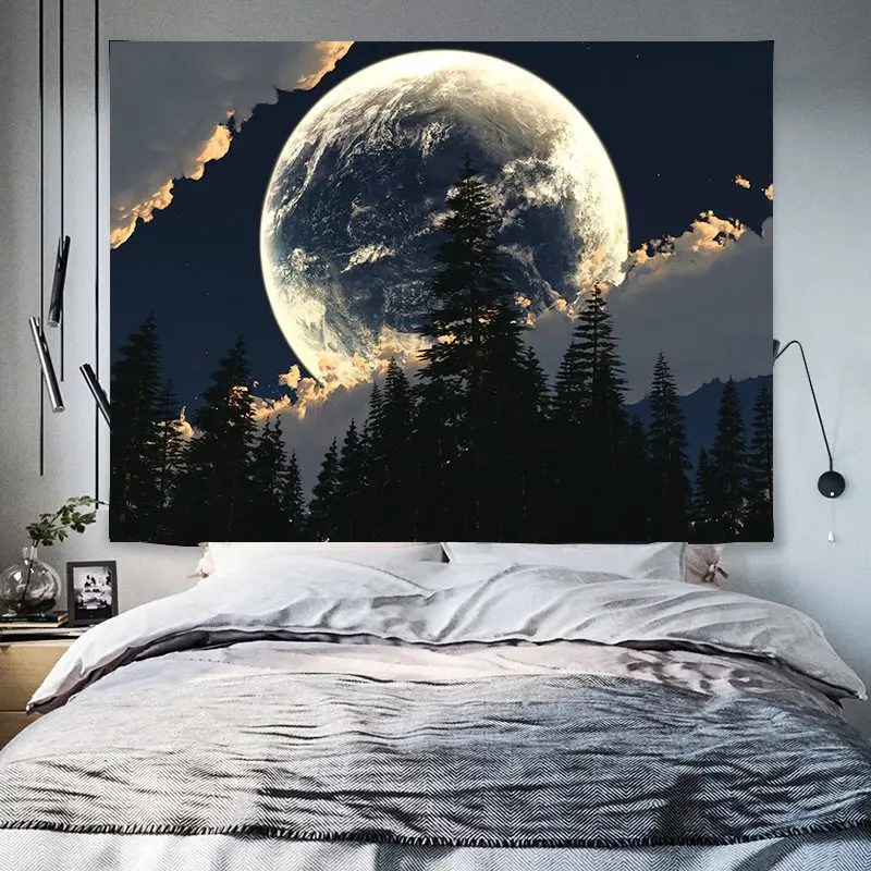 VIKAMA Mysterious Night Sky Milky Way Tapestry, Space Landscape Wall Hanging, Dark Atmospheric Bedroom Decor, Cosmic Art