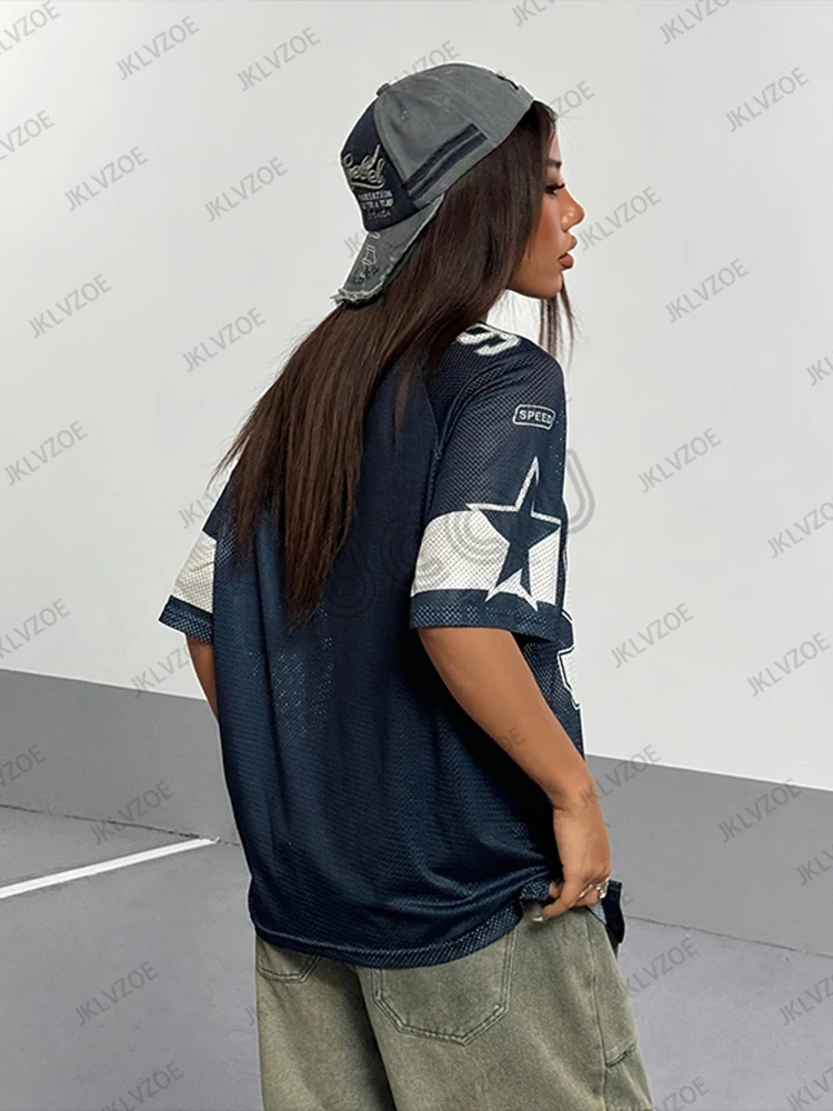 المتضخم تي شيرت للنساء الخامس الرقبة قصيرة الأكمام الصيف المرقعة الأزرق سرعة 91 طباعة عادية تيز كرة قدم رياضية جيرسي Y2k القمم #2