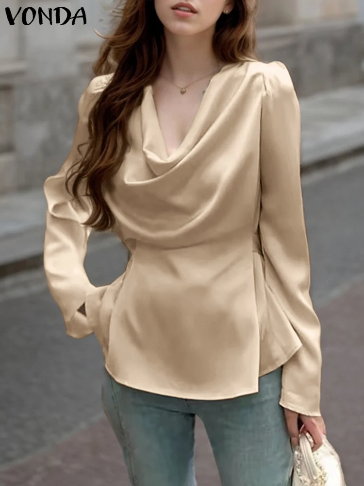 VONDA Women Elegant Blouses 2024 Long Sleeve Satin Silk Tops Casual Pile Collar Blusas Solid Color Pullover Lady Office Tunics