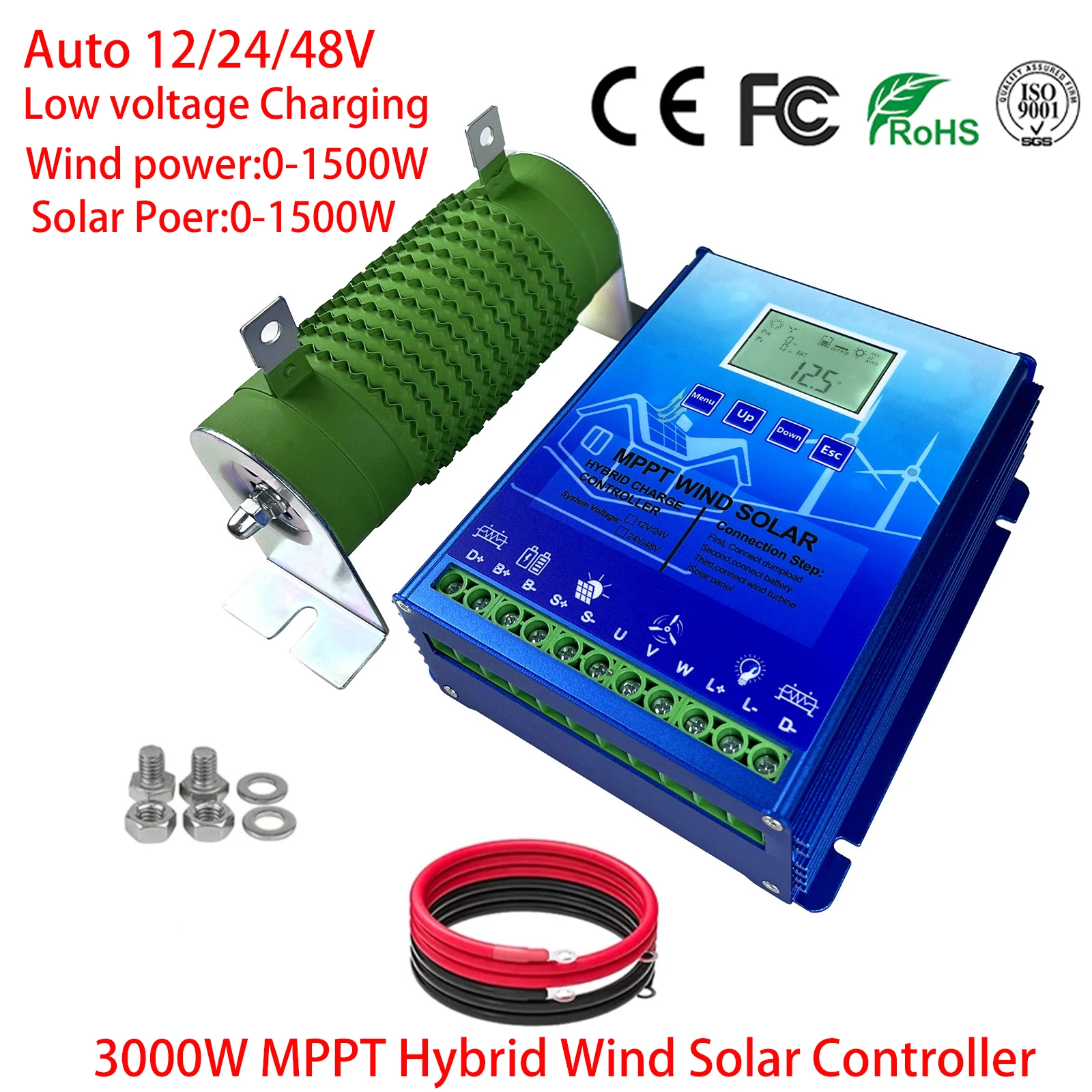 

MPPT Charge Controller Solar & Wind Hybrid System 1.2W 1.6KW 2KW 2.4KW 3KW 12v 24v 48v Auto Regulator Home Use Wind Generator