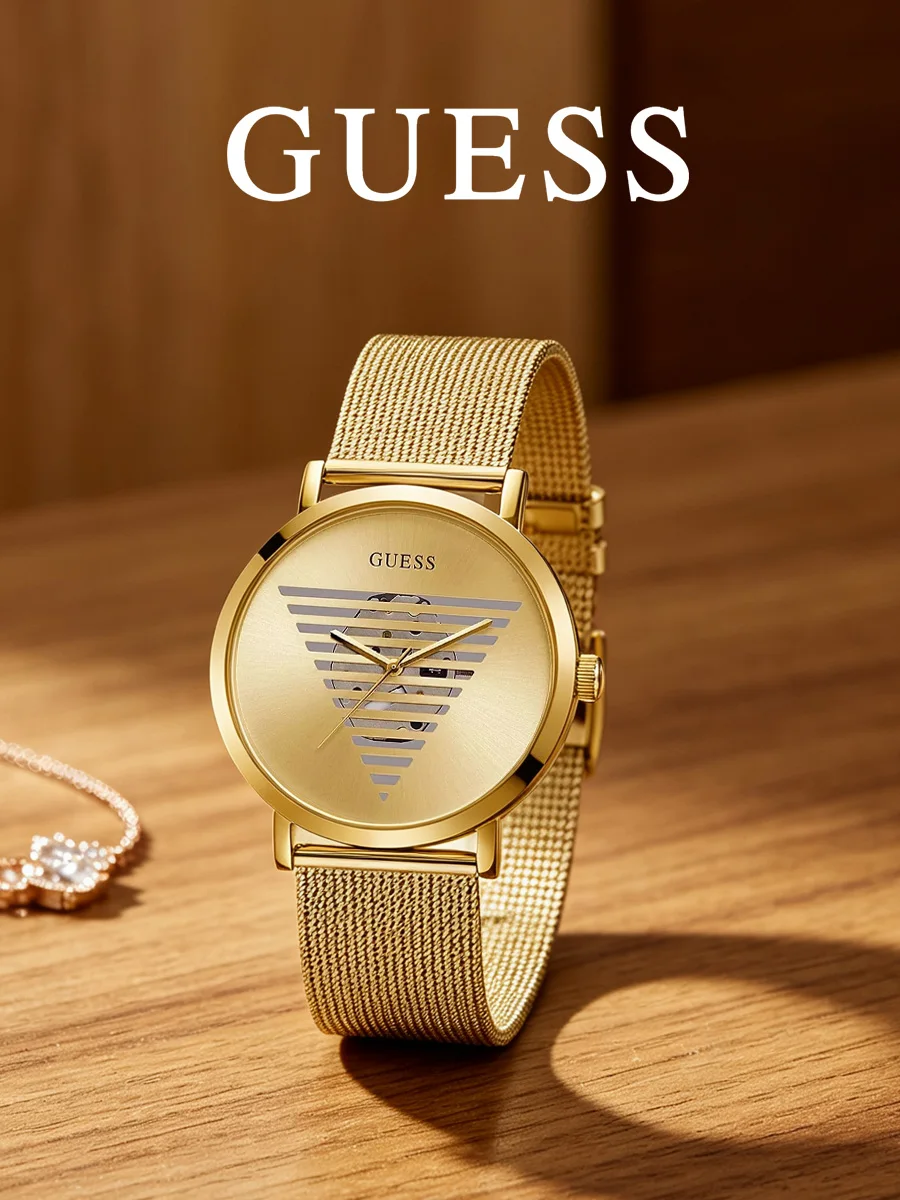 Reloj de hombre GUESS, con esfera redonda, correa de malla dorada y movimiento de cuarzo, ideal para ir de compras, cenas, reuniones, eventos formales, banquetes y como regalo de aniversario.