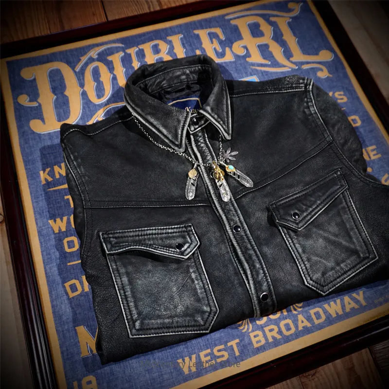 

American Vintage Western Heavy Wash Old Leather Goatskin Denim Shirt jacket