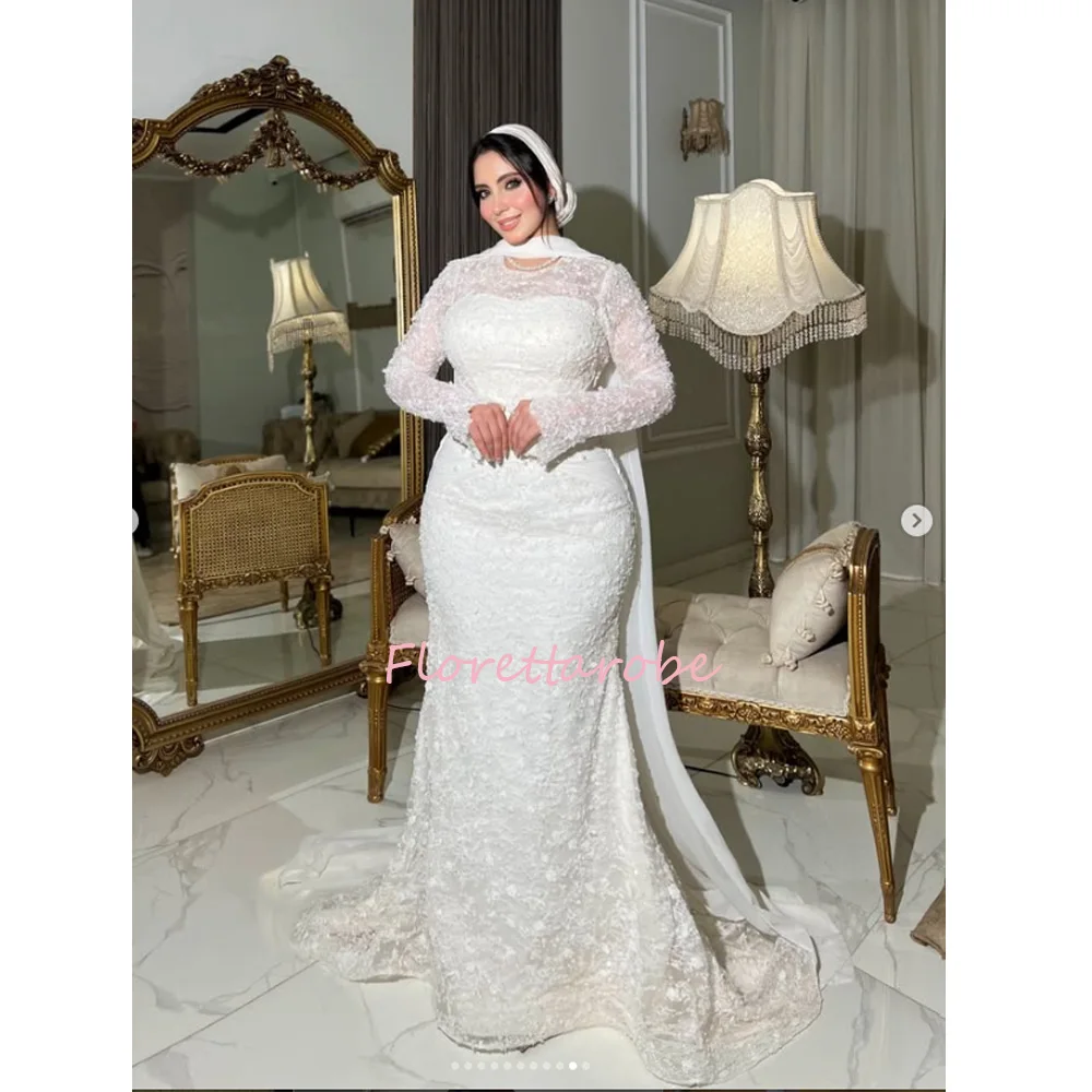 Custom Made White Muslim Mermaid Wedding Dress Long Sleeve Lace Appliques Pearls  Formal Wedding Gowns Vestidos De Noiva