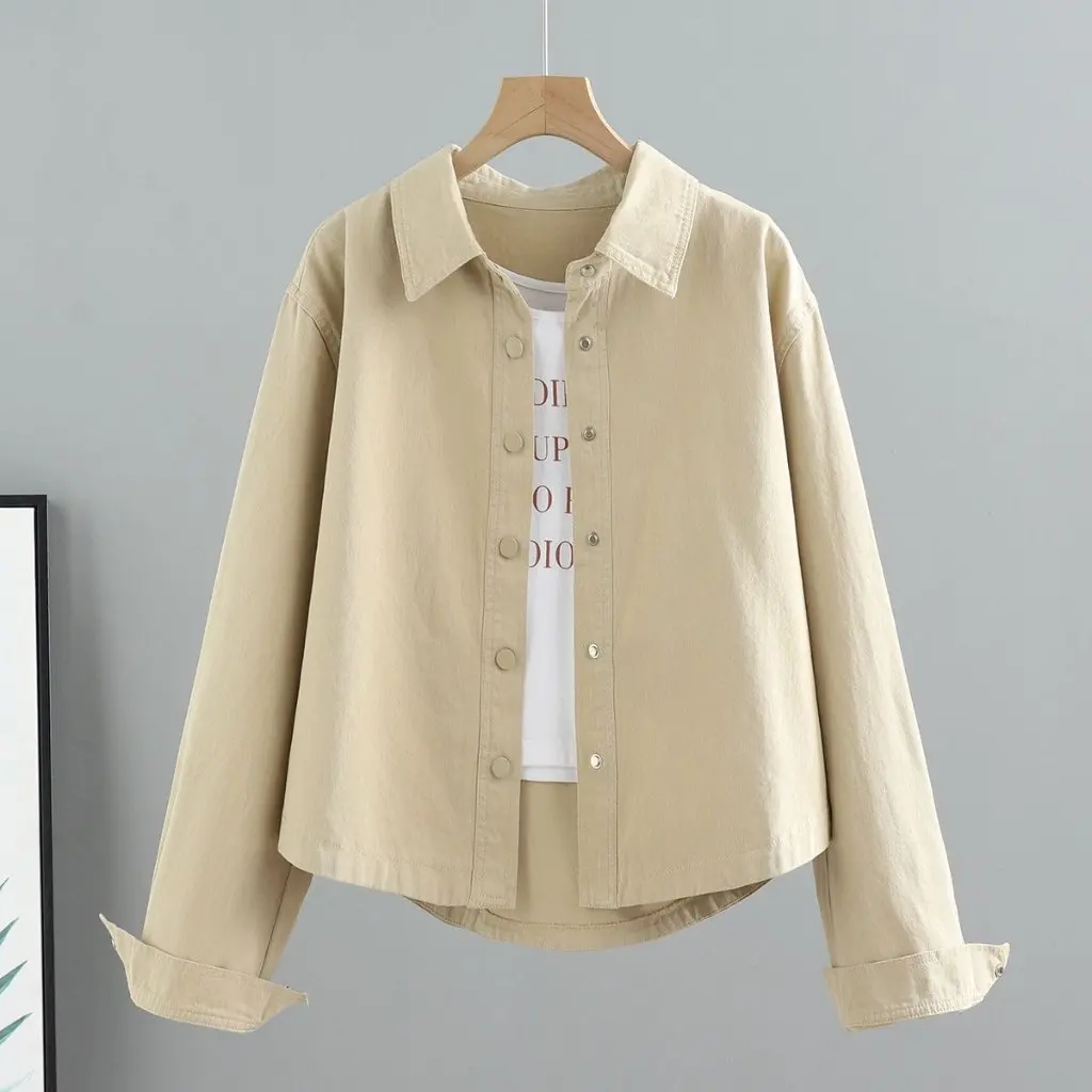 Women's Denim Fashion Coat Korean-Style Loose Long-Sleeved Shirt Jacket Top for Spring And Autumn All-Match Workwear