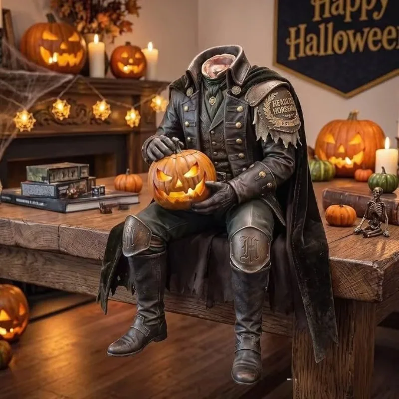 Halloween Headless Horseman Resin Statue, Gothic Headless Knight Holding Glowing Pumpkin Figurine, Horror Desktop Ornament