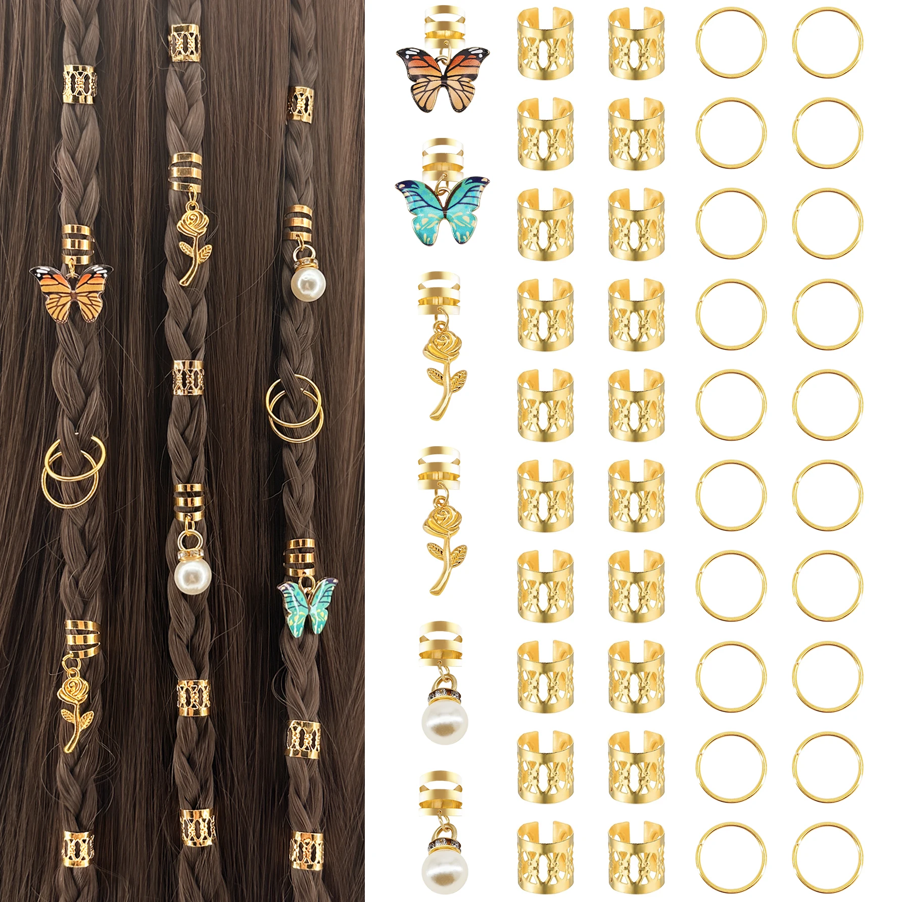 46 Uds. Clips trenzados de mariposa rosa, accesorios para el cabello rastas de cristal, dijes colgantes de mariposas coloridas, regalos de joyas para el cabello de perlas